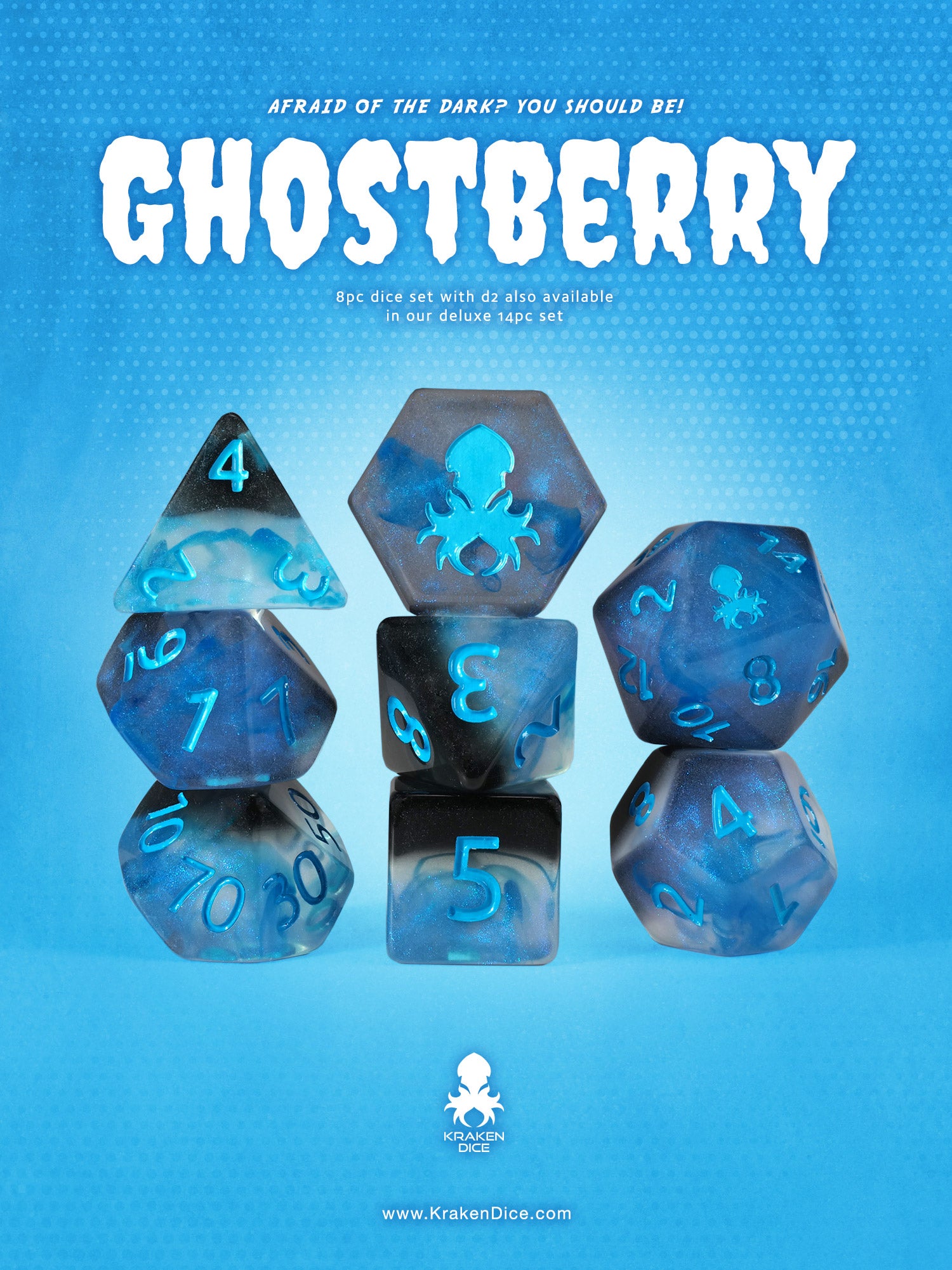 Ghostberry 8pc Dice Set inked in Blue